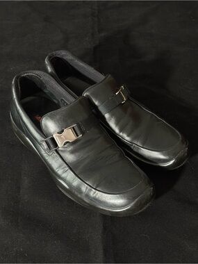 Prada Black Leather Slip-On Loafers with Buckle Strap sz9